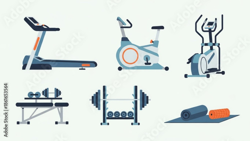 Collection of fitness equipment including treadmill, exercise bike, elliptical machine