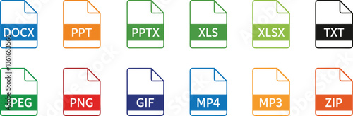 Set of Flat File Format Icons, Document Extensions, Multimedia Folders, Office Software Types, Data Storage Symbols, Digital Asset Management Graphics, Collection.