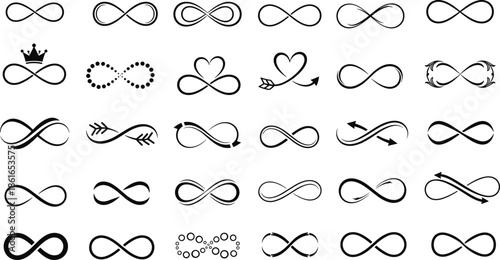 Set of infinity symbols icons, black linear infinity loop signs with heart, arrow, crown, dots and floral elements for design.