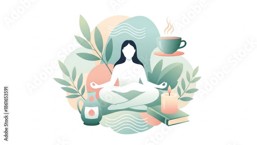 Woman meditating with cup of tea, candle, and plants in serene environment, peaceful yoga