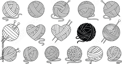 Yarn Ball and Knitting Needle Icon Set, Crochet Hobby Symbols, Wool Thread Skein, Heart Shaped Yarn, Textile Craft, DIY Needlework, Handmade.