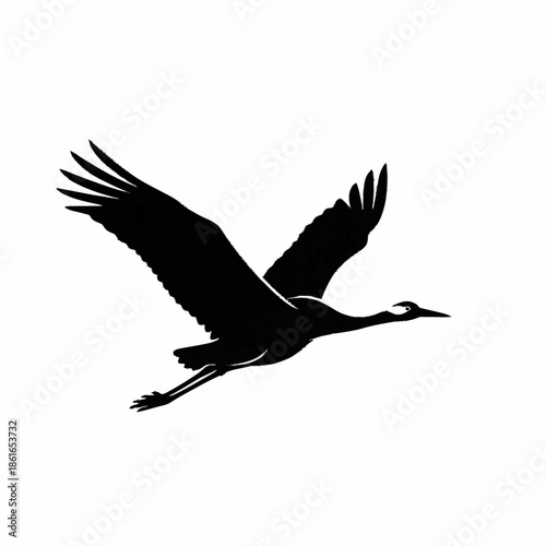Black Silhouette of Crane Bird Flying.