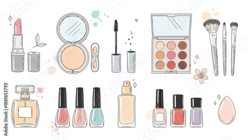 A collection of various beauty and makeup products, including lipstick, powder, mascara, eyeshadow, brushes, perfume, nail polish, foundation, and a sponge, depicted in a charming hand-drawn style.