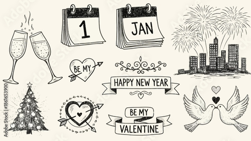 新年とバレンタインデーを祝うための手描きのイラスト集、カレンダー、シャンパングラス、ハート、鳩、クリスマスツリー、花火、都市のシルエット。.