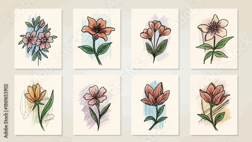 水彩画風のボタニカルイラストレーション、様々な種類の花々が描かれたセット.