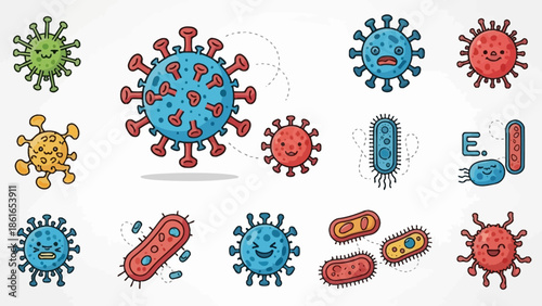 さまざまな表情を持つかわいいウイルスと細菌のイラストセット、微生物学のテーマ。.