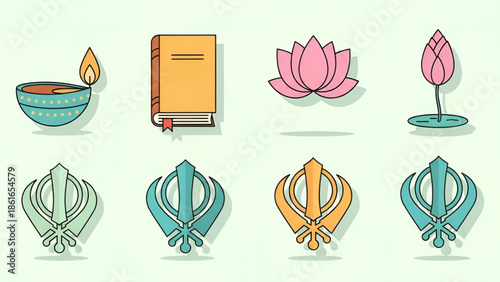 Religious spiritual icon set illustration showing sacred lamp holy book lotus flower and Sikh symbol for faith education devotion and cultural design use