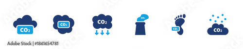 Carbon emission icon set. CO2 pollution factory industry climate impact. Solid icon collection.