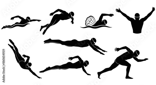 Collection of Silhouettes Representing Swimmers in Various Poses and Actions.