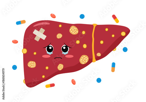 Unhealthy liver cartoon, cirrhosis disease. Human liver organ anatomy with medicines vector illustration