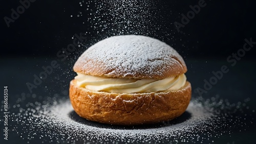 Delicious cream filled pastry bun being dusted with powdered sugar