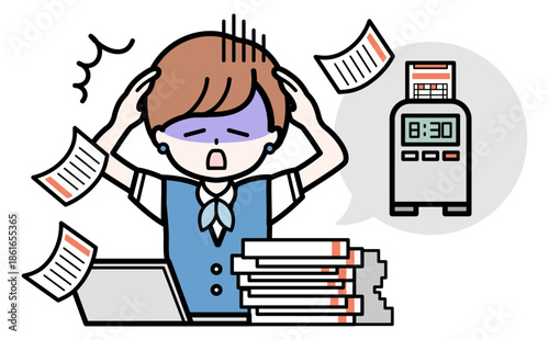 業務過多でパニックになる女性事務員のイラスト