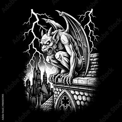 Fearsome Gargoyle Perched on Rooftop Under Stormy Skies.