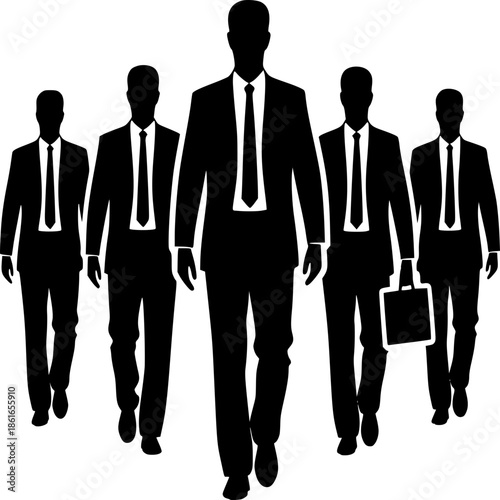 Suits in Formation: A united front of business professionals, dressed in sharp suits and ties, strides purposefully forward, embodying professionalism and confidence.