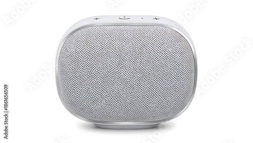 A front-facing shot of a white oval-shaped audio device with a gray mesh speaker. Buttons are on top