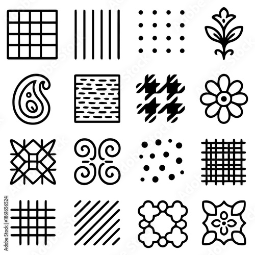 Variety of patterns: A diverse collection of artistic patterns and motifs showcasing the essence of design and decoration in geometric shapes and floral elegance.