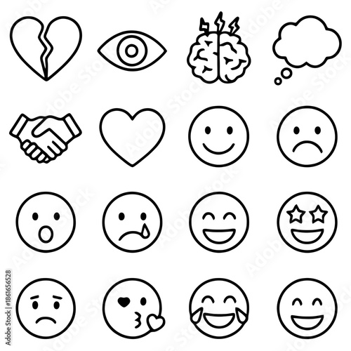 Emotional Spectrum: A collection of meticulously drawn symbols that visually communicate a spectrum of human emotions, ranging from joy and love to sorrow and thought.