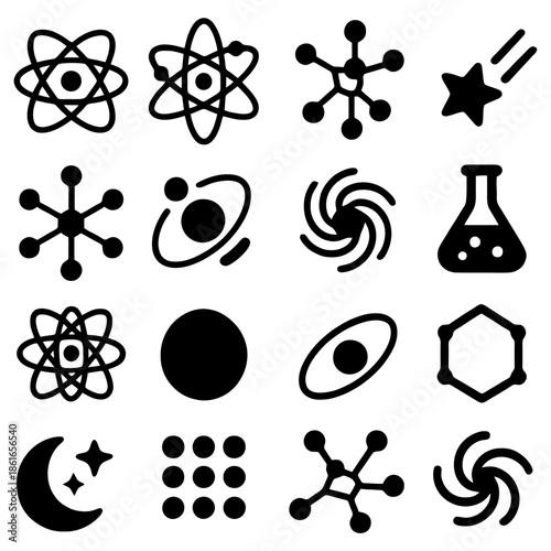Science Icons Collection: A curated compilation of scientific and astronomical symbols, perfect for illustrating concepts related to atoms, molecules, and cosmic elements.
