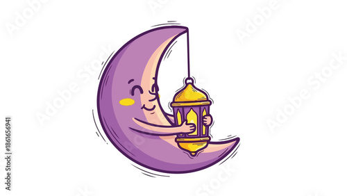 Flat vector of a kawaii style purple moon with rosy cheeks gently cradling a golden Ramadan lantern. Perfect for festive Eid greetings, children content or whimsical Islamic designs.