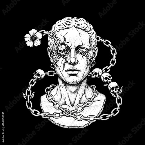 Gothic Sculpture with Chains and Skulls Symbolizing Torment.