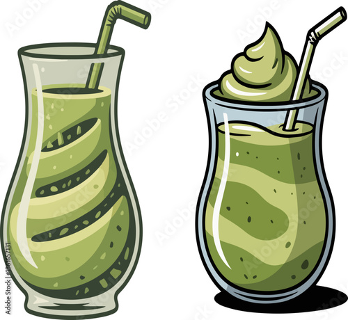 Avocado smoothie vector illustration set with green creamy shake and straws isolated on white background