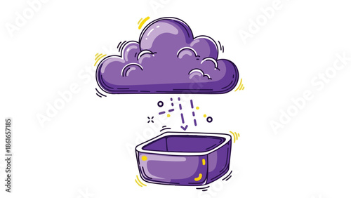 Flat vector of a stylized purple cloud sending data streams into a matching server box, accented with yellow lightning bolts. Ideal for tech, SaaS, or digital infrastructure concepts.