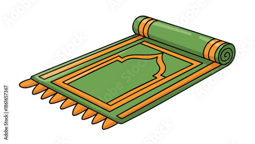 Flat vector of a traditional Islamic prayer mat rolled at one end, featuring green field, orange geometric border and tassels. Perfect for Ramadan, worship or cultural content.
