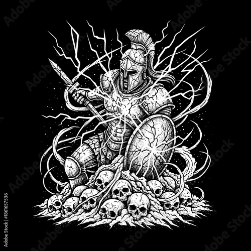 Warrior in armor sitting on skulls with sword and shield.