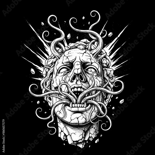 Grotesque Stone Head with Tentacles Emerging from Mouth and Eyes.