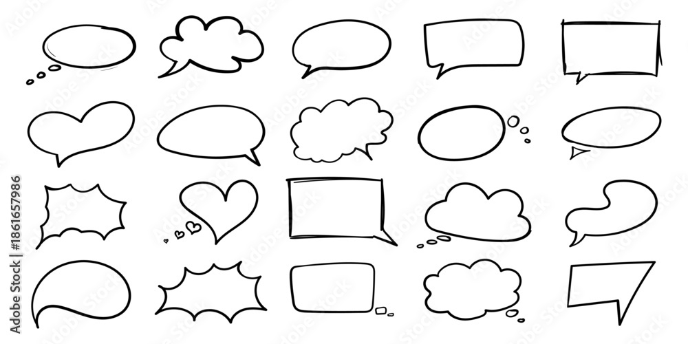 Fototapeta premium Collection set of hand drawn speech bubbles and thought bubbles in various shapes and styles