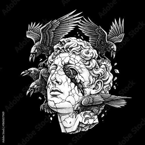 Cracked Marble Bust of a Man Surrounded by Crows.