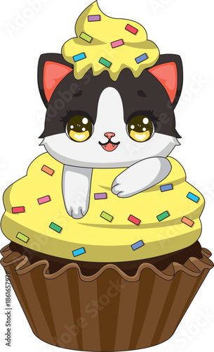 Cute Cat Cupcake Cartoon Kawaii Clipart Birthday Dessert Vector