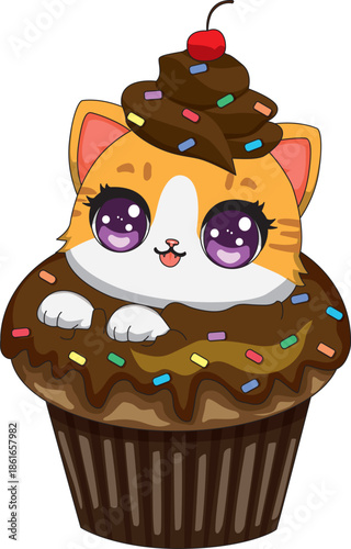 Cupcake Cartoon Kawaii Cat In Desert Vector