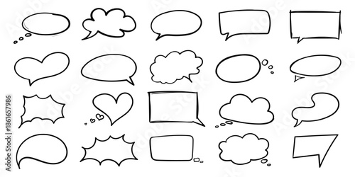 Collection set of hand drawn speech bubbles and thought bubbles in various shapes and styles
