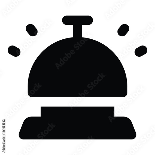 Black solid glyph of a service desk bell with ringing marks. Minimal design symbolizing reception assistance, customer service, hospitality support, and hotel front desk interaction.