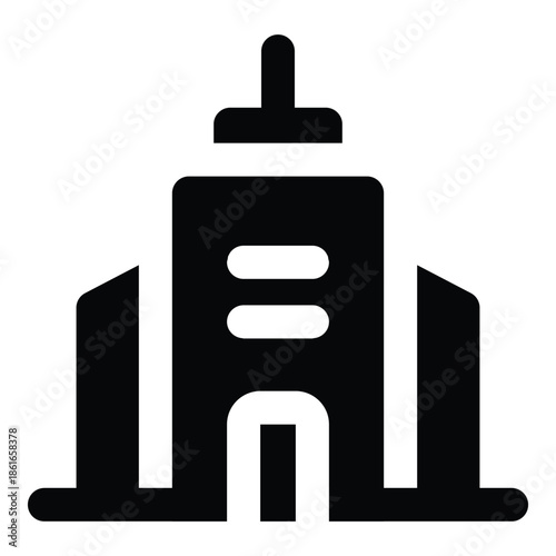 Black solid illustration of a hotel building with symmetrical structure and entrance details. Minimal glyph style suitable for travel services, accommodation platforms, tourism apps, and urban hospita