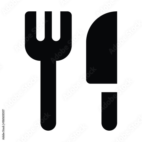 Black solid glyph showing fork and knife. Simple and bold design for restaurant, dining, food service, travel cuisine, and hospitality themes.