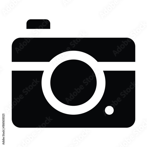Black solid glyph of a camera with simple geometric form. Suitable for photography, travel documentation, media, and visual content themes on clean background.