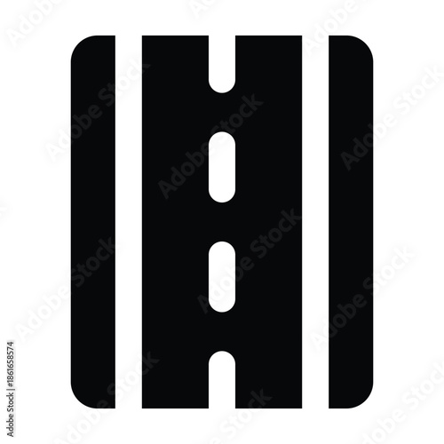 Solid glyph illustration of a road with lane markings in black color. Minimal and bold style suitable for transportation, travel, navigation, and infrastructure themes on clean background.