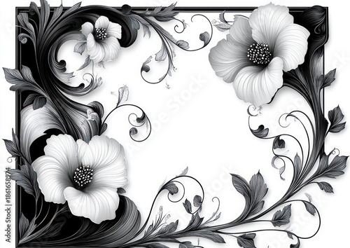 intricate black and white floral frame with large blooming flowers and swirling leaves creating elegant border