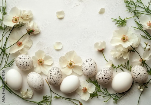 Arrangement of white and speckled eggs surrounded by white delicate flowers and green foliage on a light textured background conveying calm and natural beauty