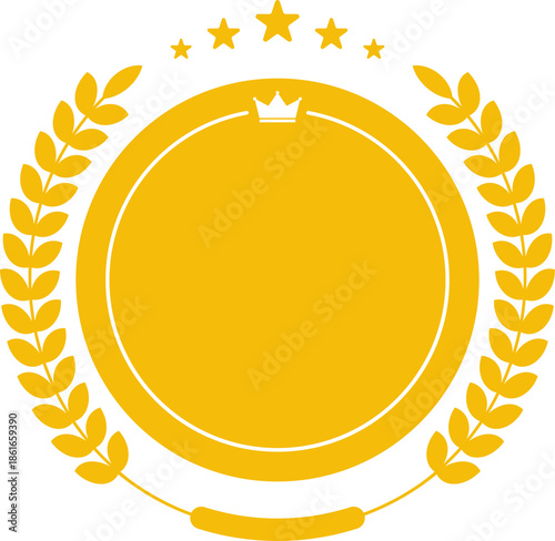 Golden Award Badge with Laurel Wreath and Stars Achievement and Success Symbol