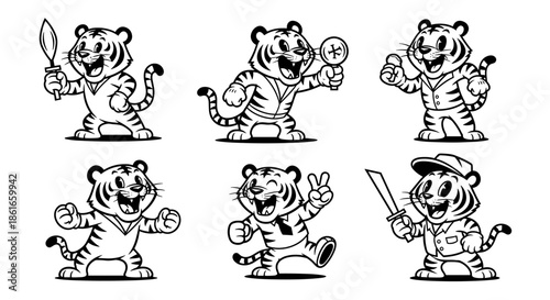 Set of Six Cartoon Tiger Illustrations in Various Poses and Outfits.