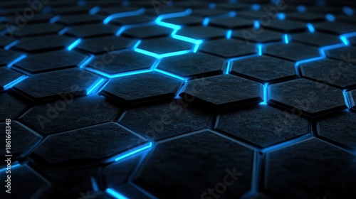 Futuristic black hexagon tiles with glowing blue neon lights in a 3d rendered pattern