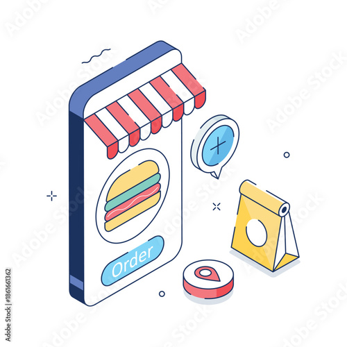 An editable isometric illustration of food ordering process