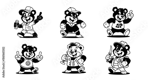 Set of six cartoon bear characters in various poses and outfits.