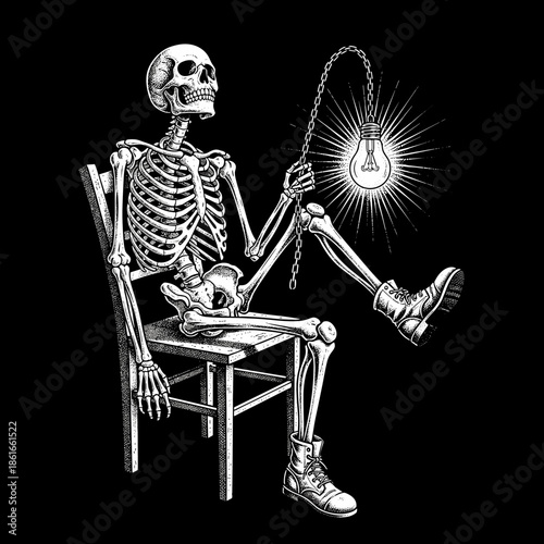 Skeleton sitting on chair holding a glowing light bulb on a chain.