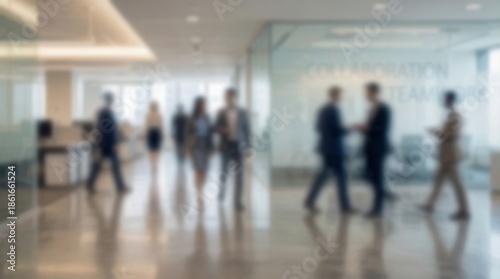 Abstract Blurred Background of Business People Walking in a Modern Office Building Hallway