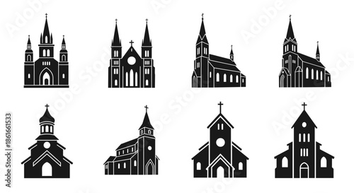Collection of Diverse Church Building Silhouettes for Religious Architecture.