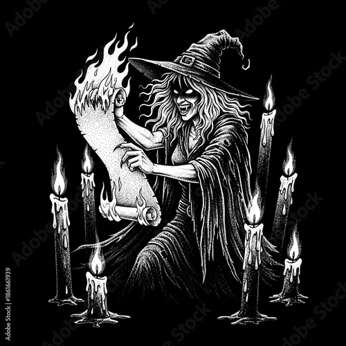 Spooky Witch Reading Ancient Scroll Amidst Flickering Candles.